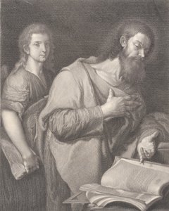 Svatý Matouš, stojící vpravo před knihou s rukou na hrudi, jiný muž..., 1750-84 od Carlo Faucci