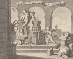 Sbírá nejkrásnější květinu Il più bella fior groglie ne, skupina šesti putti pracujících v ..., 1740-59