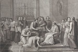 Žena klečí, aby políbila nohu papeže Pia VII., s davem za ní vlevo, 1814-50