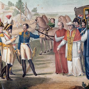 Papež Pius VII (Pio) (1742-1823) byl zatčen při svém návratu do Itálie rakousko-neapolskou armádou poblíž Parmy dne 25. března 1814 - Rytina Carlo Lasinio (1759-1838) - Barevná litografie (Zatčení papeže Pia VII. (1742-1823) po svém návratu do Itálie o