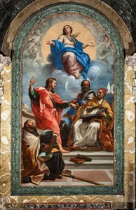 Neposkvrněné početí a svatý Jan Evangelista, svatý Gregoire Veliký, svatý Jan Zlatoústý a svatý Augustin (olej na plátně od Carlo Maratta or Maratti