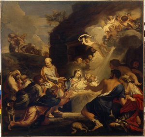 Klanění Ježíškovi. Svatá rodina představuje novorozence pastýřům pod oblakem světla a anděly. Obraz Carlo Maratta (1625-1713), olej na plátně. Talianské umění (Řím)