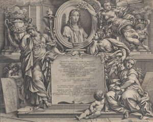 Frontispis s oválným portrétem Raphaela, se třemi alegorickými postavami Umělecké sup..., 1675.
