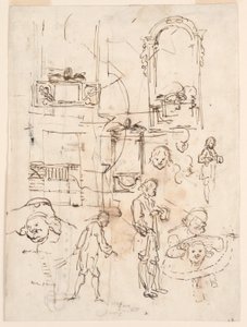Kresba, architektonické a figurální skici, cca 1760 od Carlo Marchionni