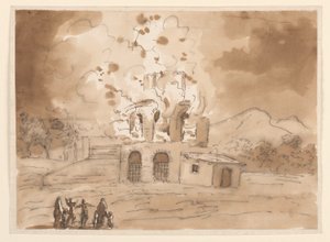 Kresba, Krajina s hořící věží, asi 1780 od Carlo Marchionni