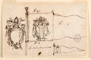 Kresba, Tři náčrty standarty papeže Benedikta XIV., 1740-58 od Carlo Marchionni