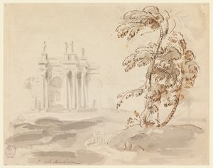 Kresba, Strom v krajině se stavbou, 1756-78 od Carlo Marchionni