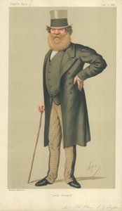 Plukovník The Right Hon Thomas Edward Taylor, v poslední době zbičován, 4. července 1874, karikatura Vanity Fair od Carlo Pellegrini