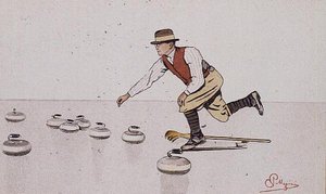 Muž vrhající kámen ve hře curlingu (barva litho) od Carlo Pellegrini