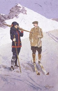 Lyžaři v Adelboden (barevné lito) od Carlo Pellegrini