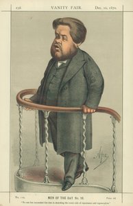 Reverend Charles Spurgeon, nikdo neuspěl jako on při načrtnutí komické stránky pokání a regenerace, 17. července 1880, karikatura Vanity Fair od Carlo Pellegrini