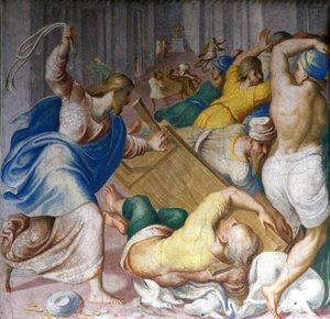 Ježíš Kristus vyhání kupce u bran chrámu. Freska od Carla Urbina. Milán, S. Maria della Passione. od Carlo Urbino