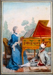 Portrét mademoiselle Desgots ze Saint Domingue u cembala a jejího otroka Laurenta Akvarel od Louis Carrogis Carmontelle
