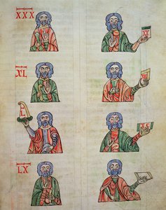 Fol.252r Počítání na prstech od 1 do 20000, od De numeris. Codex Alcobacense od Rabanuse Mauruse (780-856)