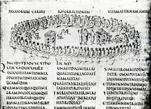 Ilustrace scény z jednoho ze žalmů, z Utrechtského žalmu, kopie originálu z Remeše nyní v knihovně Utrechtské univerzity (pero a inkoust)