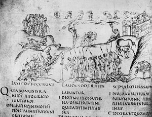 Ilustrace různých scén z jednoho ze žalmů, z Utrechtského žalmu, kopie originálu z Remeše nyní v knihovně Utrechtské univerzity (pero a inkoust)