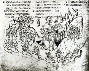Různé scény ilustrující žalm z Utrechtského žaltáře, kopie originálu z Remeše nyní v knihovně Utrechtské univerzity (pero a inkoust)