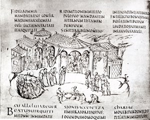 Různé scény ilustrující žalm z Utrechtského žaltáře, kopie originálu z Remeše nyní v knihovně Utrechtské univerzity (pero a inkoust)