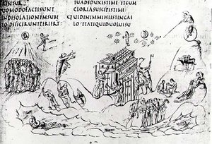 Různé scény ilustrující jeden ze žalmů z Utrechtského žalmu, kopie originálu z Remeše nyní v knihovně Utrechtské univerzity (pero a inkoust)