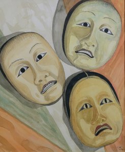 Orientální masky (pero, inkoust a wc na papíře) od Carolyn Hubbard Ford