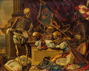 Zátiší Vanitas s hudebními nástroji, knihami, notami, kostrou, lebkou a brněním, 17. od Carstian Luyckx