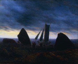 Rybářský člun proplouvající postavy na pláži u Baltského moře; Rybářská loď mezi balvany na pláži Baltského moře, od Caspar David Friedrich