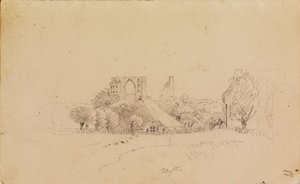 Zříceniny kláštera Eldena, s domem se slaměnou střechou a malou vodní plochou od Caspar David Friedrich