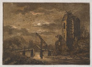 Krajina s padacím mostem a ruinami v měsíčním světle od Caspar David Friedrich