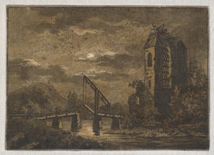 Krajina s padacím mostem a ruinami v měsíčním světle od Caspar David Friedrich