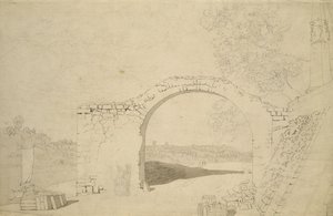 Říční krajina s obloukem (nedokončeno) (tužka, pero a wc na papíře) od Caspar David Friedrich