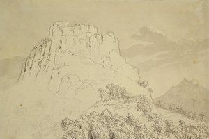 Rocky Hilltop se zalesněným kopcem vpředu (tužka, pero a wc mytí na papíře) od Caspar David Friedrich