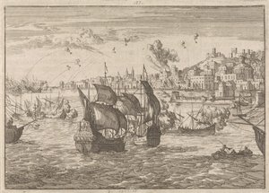 Janov bombardován francouzskou flotilou, 1684 od Caspar Luyken