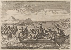 Valdenští pronásledovaní ze Savojska se v roce 1689 vracejí do své země na člunech přes Ženevské jezero