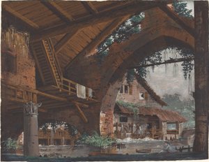 Architektonická fantazie antických ruin s vodním mlýnem