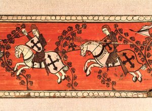 Rytíři nesou vlajky. Tempera na dřevě z dekorace střechy. 13. století. od Catalan School