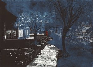 Zvuk hudby na předměstí, 2012 (linoryt a lept) od Catherine Sutcliffe Fuller