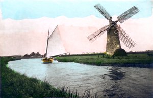 Větrný mlýn na Norfolk Broads, Norfolk, 1926.