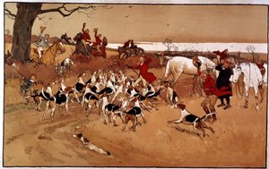 Lovecká scéna běžela; Střílení. Rytina Cecil Aldin (1870 -?), Anglie. Kol. Část od Cecil Charles Windsor Aldin