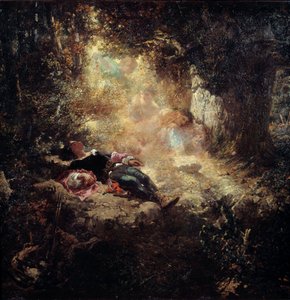 Paprsek slunce Mladí lidé spí na předpolí. Obraz Celestina Nanteuila (1813-1873)