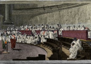 Ciceron odsuzuje spiklence Catilina (Lucius Sergius Catilina) (108-62 př.nl) dne 8. listopadu 63 př.nl, Scéna deroule v Římě v Senátu, vyrytá po fresce vytvořené mezi lety 1882 a 1888 Cesare Maccari (1840-1919). Řím Palazzo Madama. od Cesare (after) Maccari