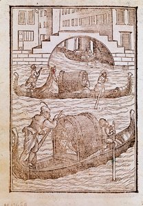 Gondoly v Benátské laguně v 15. století Rytina z "" Starověkých a moderních oděvů "" od Cesare Vecellio (1521-1601) 1590 Benátky Biblioteca Marciana od Cesare (after) Vecellio