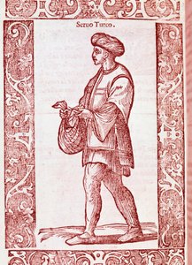 "Turecký nevolnický oblek" z "" Starověkých a moderních zvyků "1590 (rytina) od Cesare (after) Vecellio