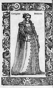 Renesance: římská kurtizána v 16. stol. Rytina z „“Moderních a starověkých kostýmů“” od Cesare Vecellia od Cesare (attr. to) Vecellio