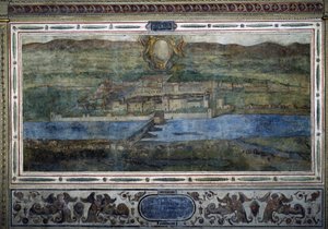 Pohled na město Innsbruck v Rakousku. Pohled na města habsburské říše. Freska Michelozzova dvora v Palazzo Vecchio ve Florencii. Malba Sebastiana Veroneseho Giovanniho Lombardiho, Cesare Baglioniho a Turina da Piamonte, kolem roku 1565. Siz od Cesare Baglioni