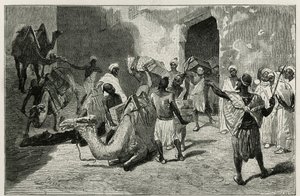 Nakládání velbloudů z karavany autora příběhu Atangera, rytina od Bisea, pro ilustraci příběhu Le Maroc od Edmonda de Amicis, v roce 1875, publikovaný v tour du monde, pod vedením Edouarda Chartona