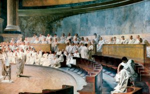 Cicero demaskuje Catilinu 8. listopadu 63 př.n.l. , Scéna se odehrává v Římě v Senátu, freska vytvořená v letech 1882 až 1888 Cesare Maccari
