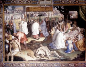 Mor v Miláně: Svatý Karel Boromejský (1538 - 1584) obnáší umírající. Freska od Carla Nebbia na Borromeo College v Pavii. 16. století