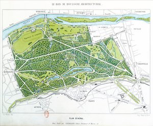 Plán Bois de Boulogne v Paříži, publikoval Caudrilier, 1860 od Ch. Walter