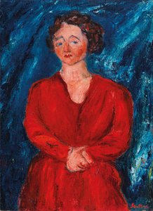 Žena v červeném na modrém pozadí, cca 1928. od Chaim Soutine