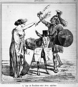 Buridanův osel mezi dvěma názory - od Chama, v “”Charivari”” z 29.4.1859.
